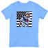 Columbia blue t-shirt featuring the American flag and the Braves 3000 graphic, celebrating Atlanta’s sports and hip-hop culture.