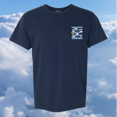 Navy blue t-shirt with text on a cloudy sky background