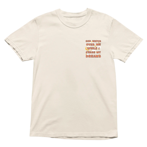 God Watch Over Me While I Chase My Dreams ivory t-shirt with small front left chest design, faith-based inspirational apparel.