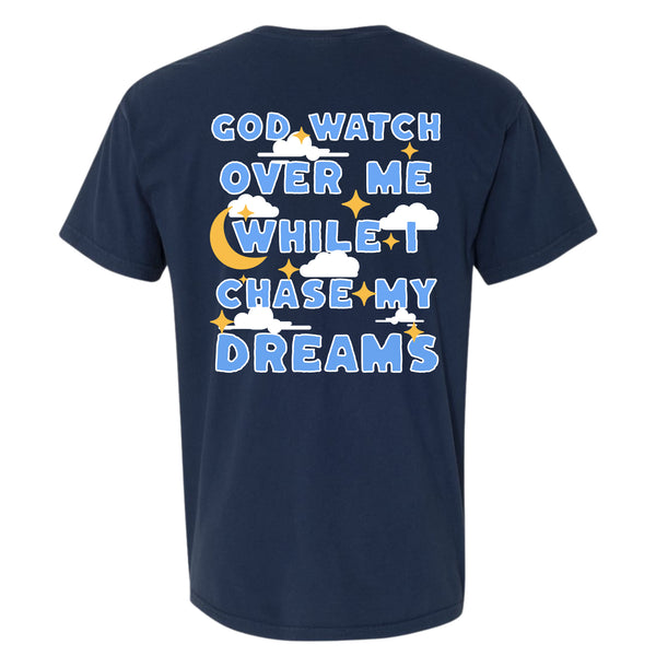 Navy God Watch Over Me While I Chase My Dreams t-shirt with large back graphic, faith-based inspirational apparel.