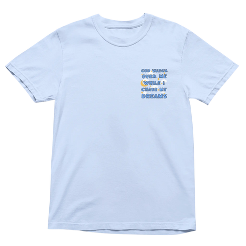 Hydrangea Blue God Watch Over Me While I Chase My Dreams t-shirt with small front left chest design, faith-based inspirational apparel.