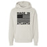 Beige hoodie with 'Made in Atlanta' text and American flag design on a white background