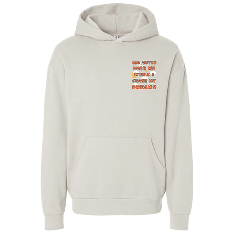 Beige hoodie with text design on a white background