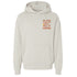 Beige hoodie with text design on a white background