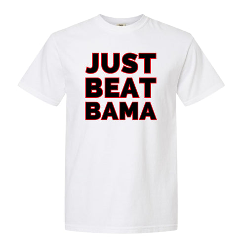 White t-shirt with 'JUST BEAT BAMA' text in red and black on a white background