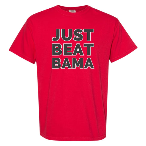 Red t-shirt with 'JUST BEAT BAMA' text on a white background