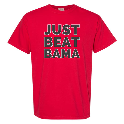 Red t-shirt with 'JUST BEAT BAMA' text on a white background