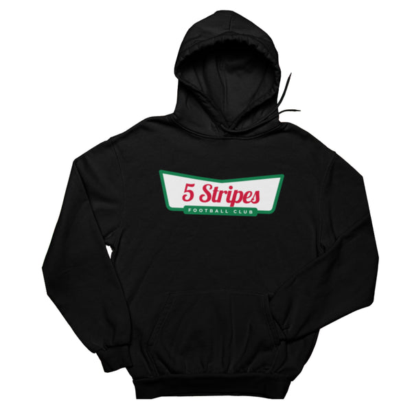 Black Krispy Stripes hoodie, Atlanta-inspired design mixing Krispy Kreme and 5 Stripes soccer.
