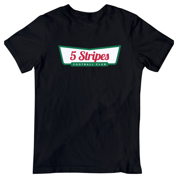 Black Krispy Stripes T-shirt, Atlanta-inspired design mixing Krispy Kreme and 5 Stripes soccer.