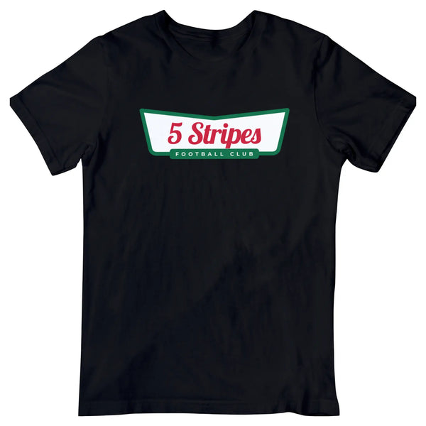 Black Krispy Stripes T-shirt, Atlanta-inspired design mixing Krispy Kreme and 5 Stripes soccer.