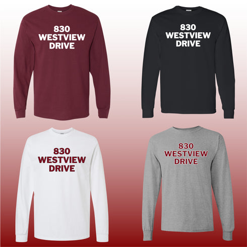 Long-sleeve t-shirt in maroon, black, white, and heather gray with '830 Westview Drive' in bold text.