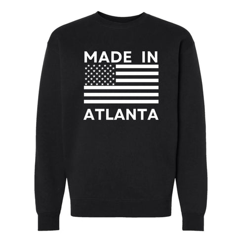 Black sweatshirt with 'Made in Atlanta' text and American flag design