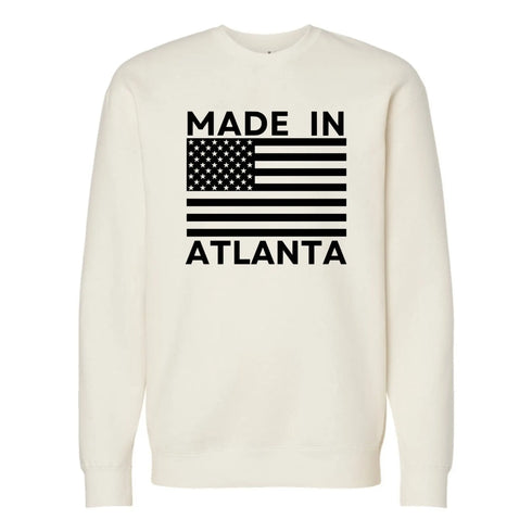 Ivory sweatshirt with 'Made in Atlanta' text and American flag design on a white background