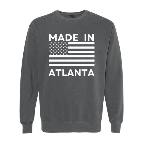 Pepper gray sweatshirt with 'Made in Atlanta' text and American flag design
