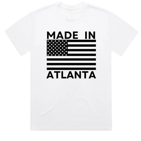 White Made In Atlanta t-shirt with bold front graphic design