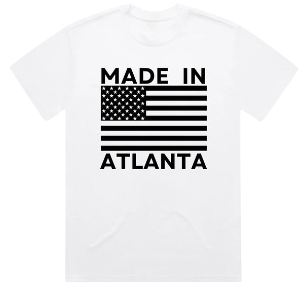 White Made In Atlanta t-shirt with bold front graphic design