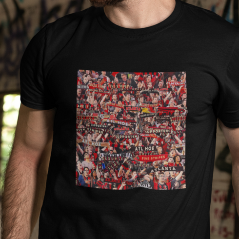 Black t-shirt with a colorful collage design on a person wearing it.