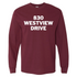 Maroon long-sleeve t-shirt with '830 Westview Drive' in white text, honoring a shared legacy.