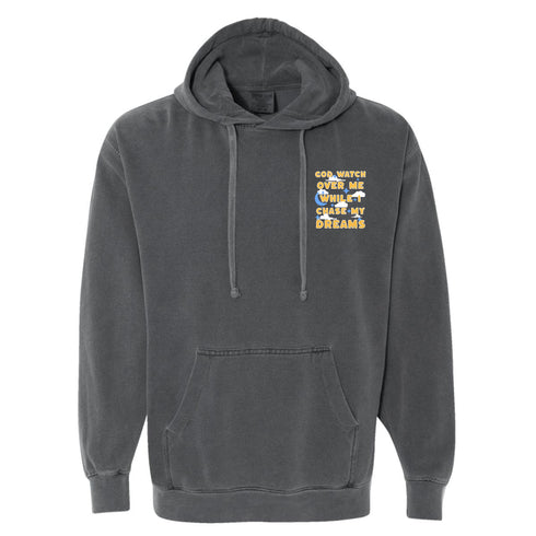 Gray hoodie with text design on a white background
