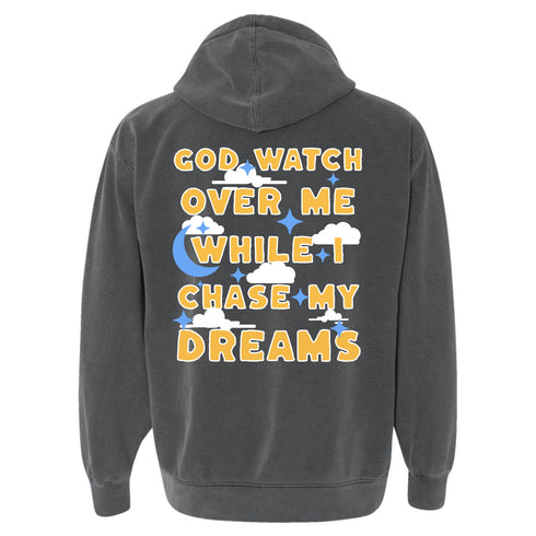 Gray hoodie with motivational text and cloud graphics on the back