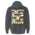 Gray hoodie with motivational text and cloud graphics on the back