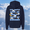 Navy blue hoodie with motivational text on the back against a cloudy sky background