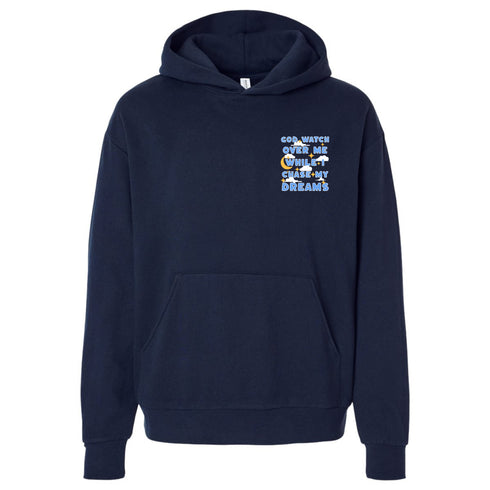 Navy blue hoodie with text design on a white background
