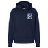 Navy blue hoodie with text design on a white background