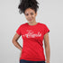 Woman wearing a red Classic Atlanta tee with white bold script.
