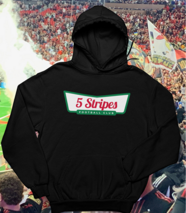 Black hoodie with '5 Stripes' logo in a sports stadium setting