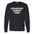 Black Steadfast Honest True long-sleeve graphic tee featuring bold white typography inspired by a historic collegiate hymn
