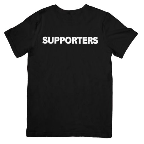Black t-shirt back with bold “Supporters” text graphic in white lettering