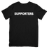 Black t-shirt back with bold “Supporters” text graphic in white lettering
