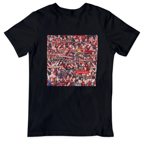 Black t-shirt featuring collage graphic inspired by Atlanta soccer supporters section with fans, scarves, and stadium energy