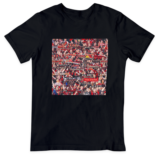 Black t-shirt featuring collage graphic inspired by Atlanta soccer supporters section with fans, scarves, and stadium energy