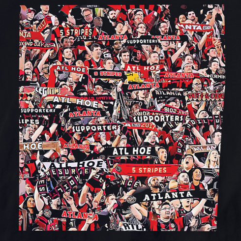 Close-up of supporters section collage design showing fans holding scarves and cheering in stadium atmosphere