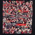 Close-up of supporters section collage design showing fans holding scarves and cheering in stadium atmosphere