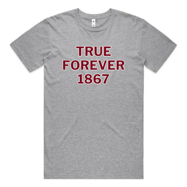 Heather gray True Forever 1867 graphic short sleeve tee with bold white typography on a soft cotton t-shirt