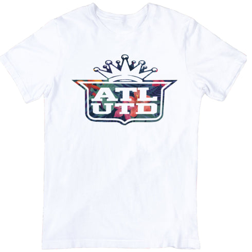 White t-shirt with colorful 'ATL UTD' logo on a white background